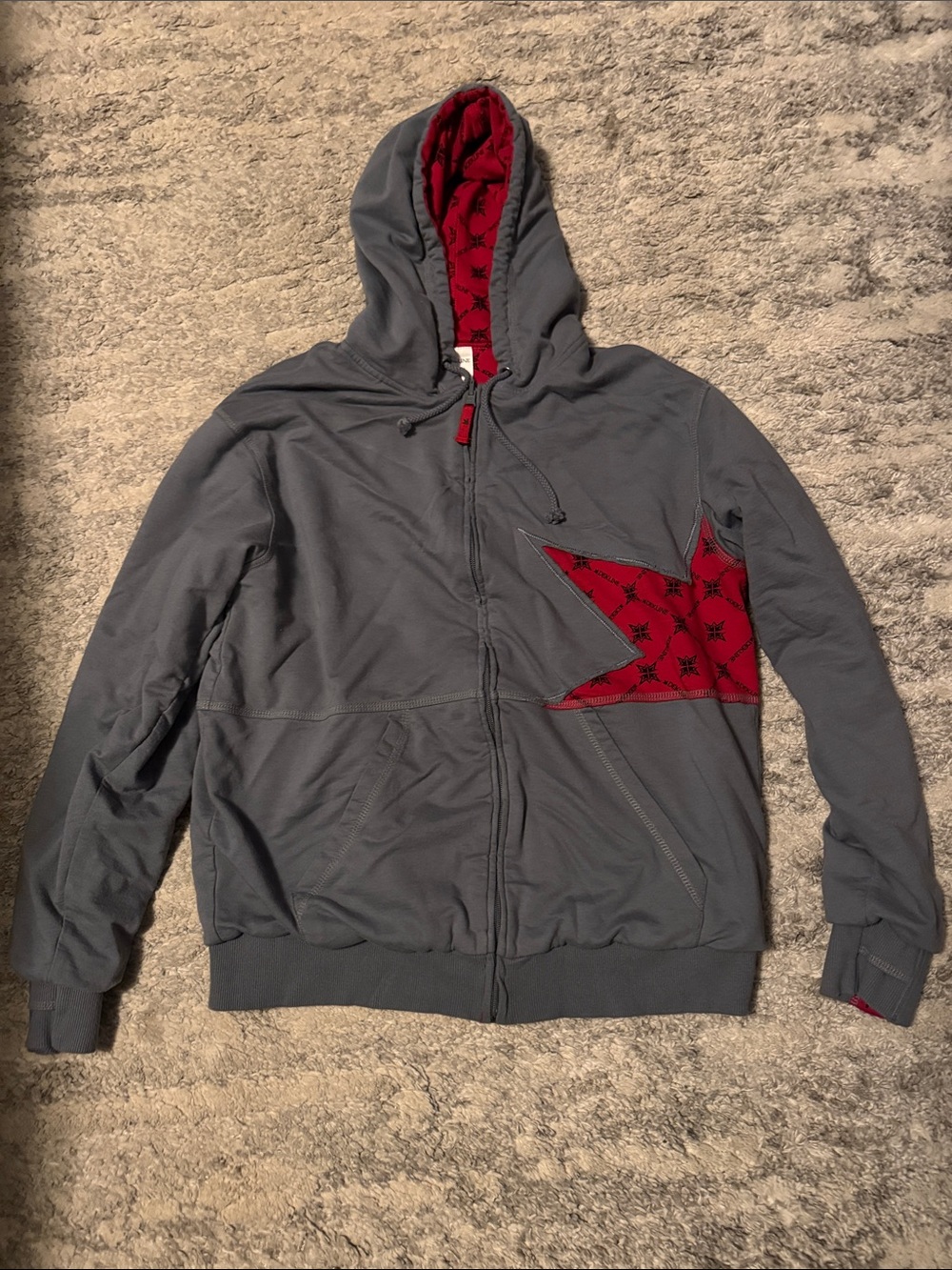 Men's Gray Hooded Zip Jacket with Red Star Accent